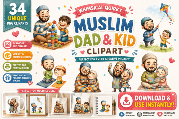 Whimsical Quirky Muslim Dad & Kid: A Heartfelt Design Asset